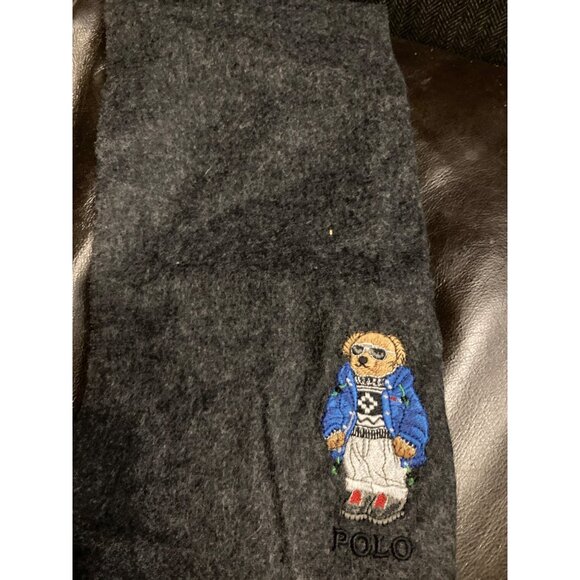 Polo Ralph Lauren Gray Wool Scarf With Bear Embroidery Unisex New With Tag - Picture 2 of 4